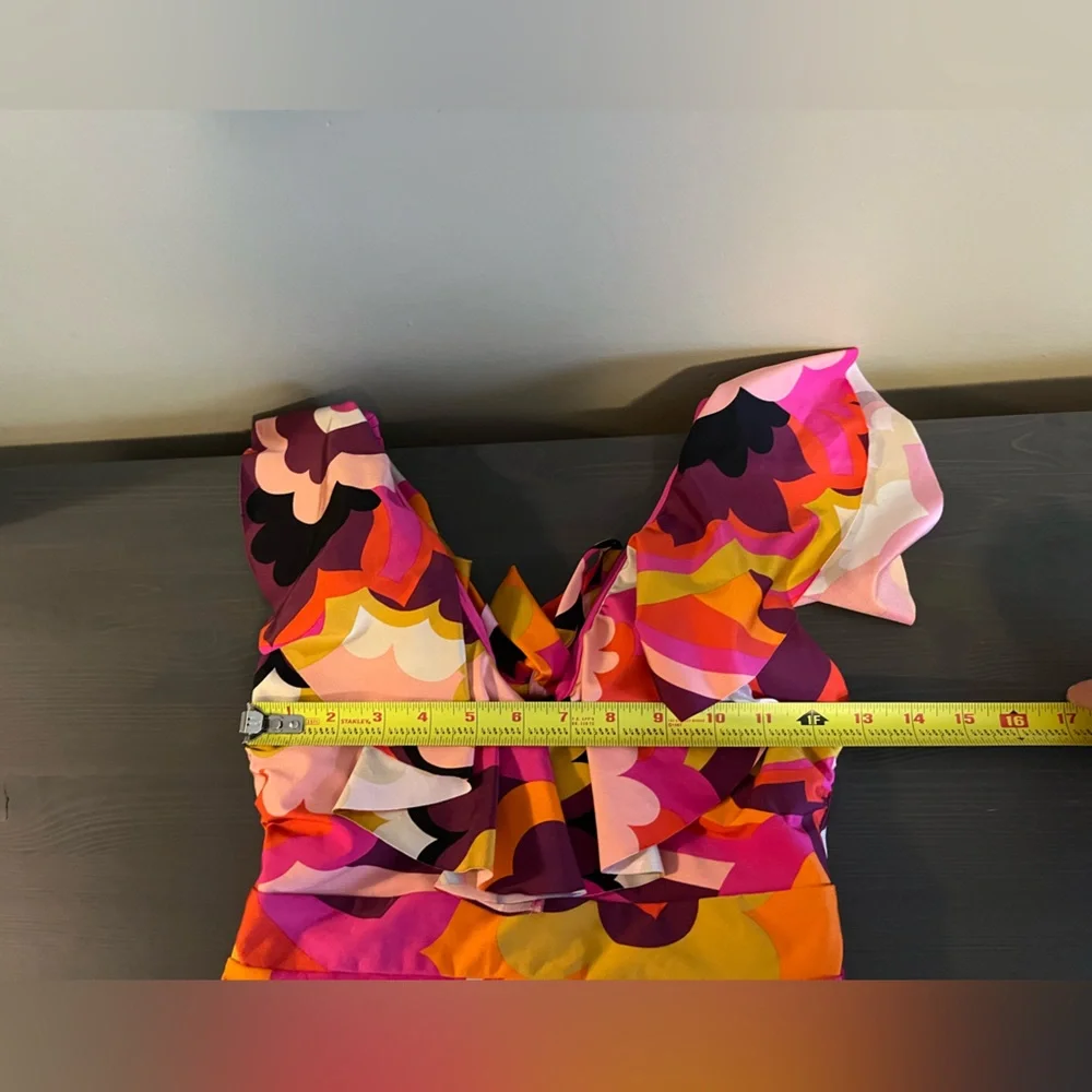 Ruffle V-Neck One-Piece Swimsuit in Multi Pink-Orange Print